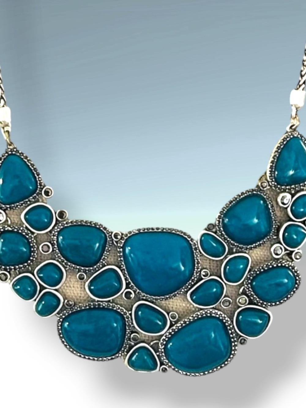 Lucky Brand Abstract Teal Glass Crystals and Silver Bib Statement Necklace